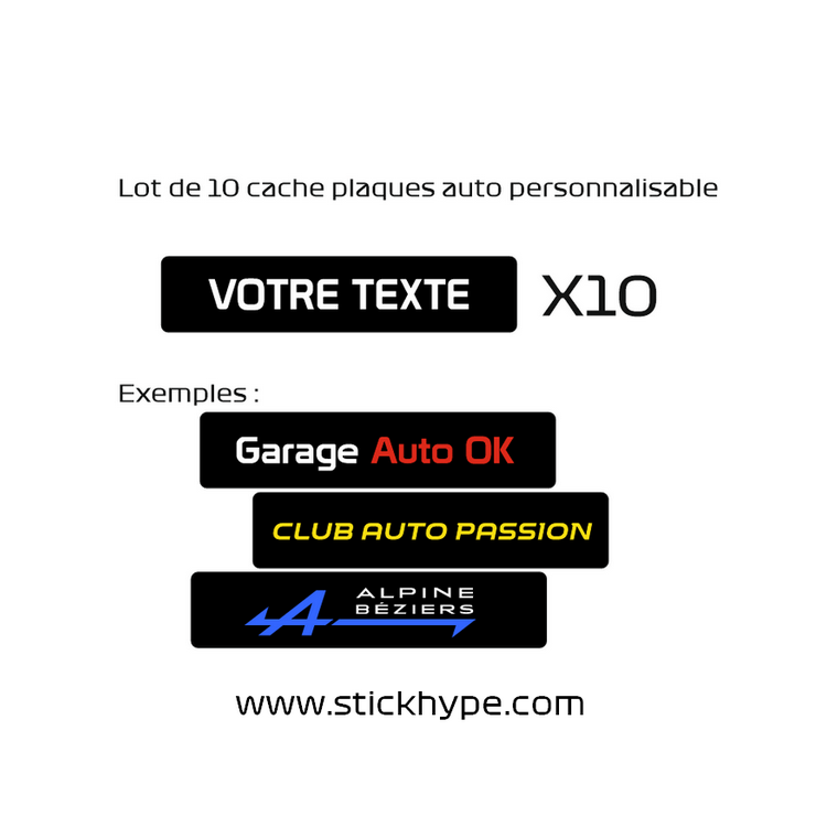 Lot de 10 cache plaques auto personnalisable Lot de 10 cache plaques auto personnalisable