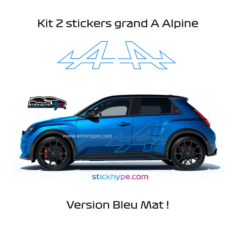 Kit 2 stickers Alpine grand A fléché contour A290 en bleu mat Kit 2 stickers Alpine grand A fléché contour A290 en bleu mat